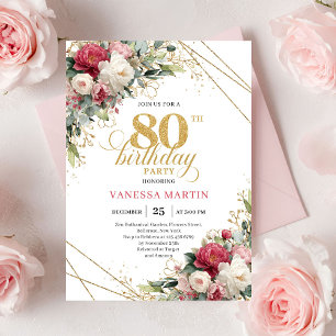 Classic Red Burgundy Floral 80th Birthday Invite