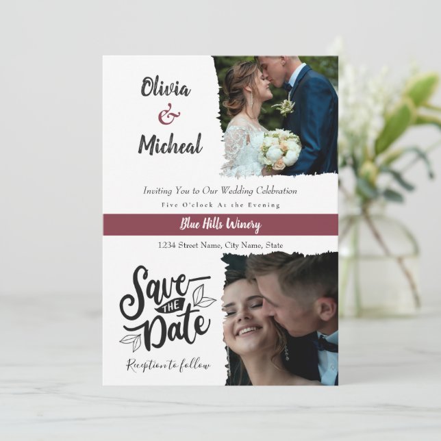 Classic Red Burgundy save the date , Place 2 photo Invitation (Standing Front)