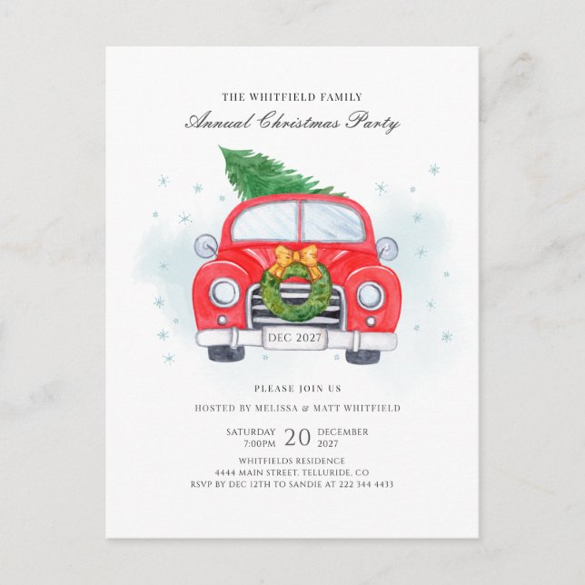 Classic Red Car Tree Family Christmas Party Invitation Postcard (Front)