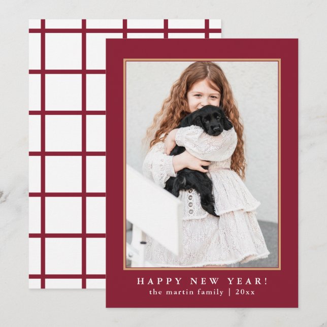 Classic Red Check Happy New Year One Photo Holiday Card (Front/Back)