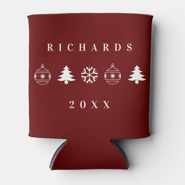Classic Red Christmas Holiday Personalized Name Can Cooler (Front)