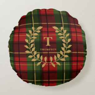 Classic Red Christmas Plaid With Monogram Wreath Round Pillow