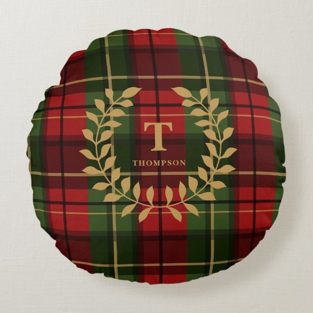 Classic Red Christmas Plaid With Monogram Wreath Round Pillow (Front)
