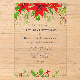Classic Red Christmas Poinsettia Floral Wedding Acrylic Invitations