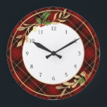 Classic Red Christmas Tartan, Holly & Gold Leaves Large Clock<br><div class="desc">Beautiful and festive holiday design featuring faux gold leaves and holly with centre white circle on rich red,  black and gold tartan background. Includes editable numbers.</div>