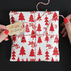 Classic Red Christmas Tree Jolly Holiday Pattern Wrapping Paper