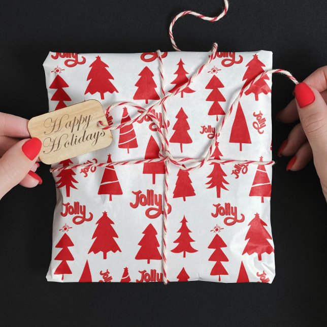 Classic Red Christmas Tree Jolly Holiday Pattern Wrapping Paper (Creator Uploaded)