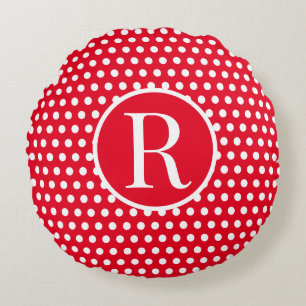 Classic Red Custom initial letter Polka Dot Round Pillow