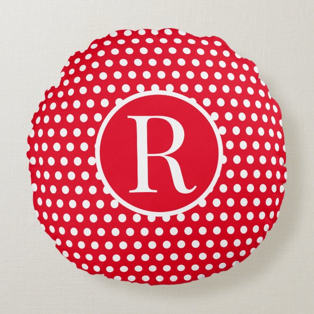 Classic Red Custom initial letter Polka Dot  Round Pillow (Front)
