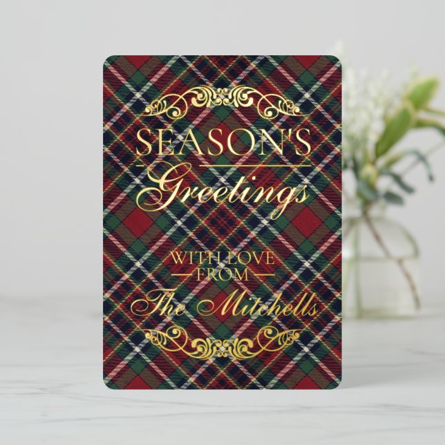 Classic Red Dark Blue Green Plaid Pattern Gold Foil Holiday Card (Standing Front)