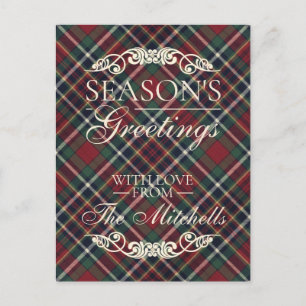Classic Red Dark Blue Green Plaid Pattern Holiday Postcard