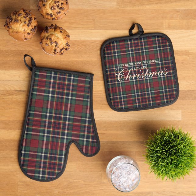 Classic Red Dark Blue Green Plaid Pattern Oven Mitt & Pot Holder Set (Creator Uploaded)