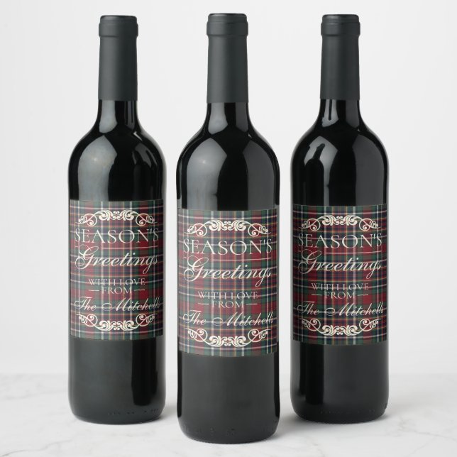 Classic Red Dark Blue Green Plaid Pattern Wine Label (Bottles)