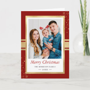 Classic Red Faux Gold Foil Frame Christmas Photo Holiday Card