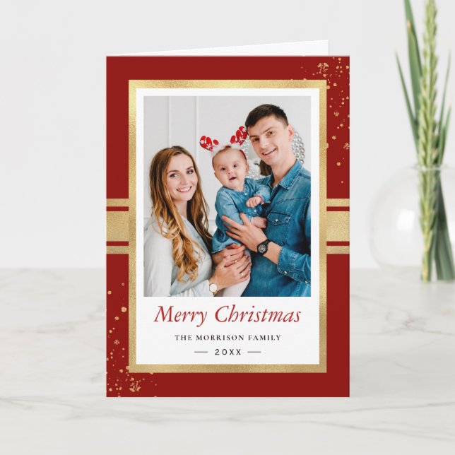 Classic Red Faux Gold Foil Frame Christmas Photo Holiday Card (Front)