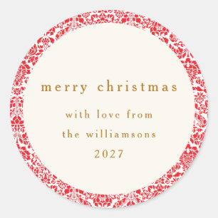 Classic Red Floral Personalized Christmas Greeting Classic Round Sticker