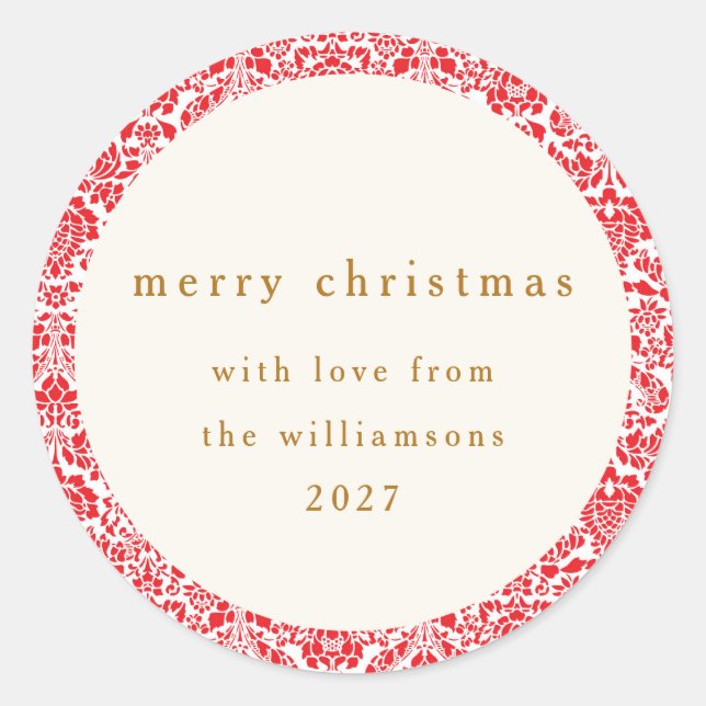 Classic Red Floral Personalized Christmas Greeting Classic Round Sticker (Front)