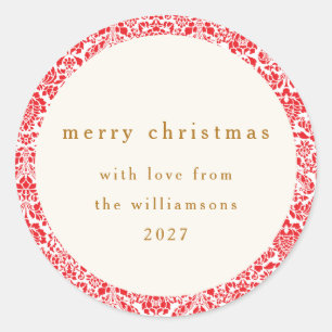Classic Red Floral Personalized Christmas Greeting Round Sticker