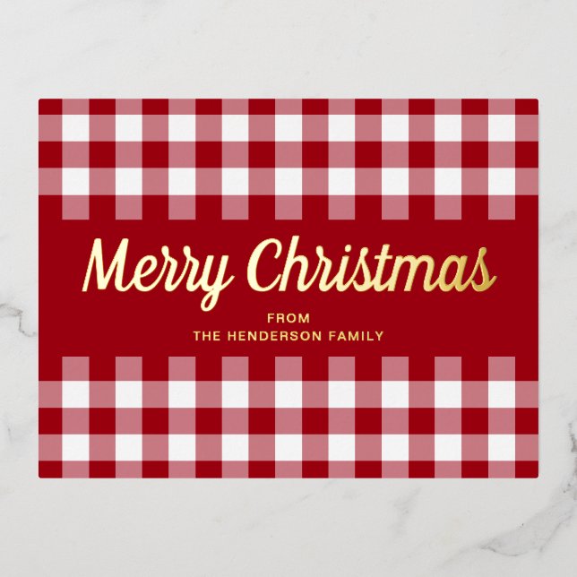 Classic Red Gingham Christmas Script Gold  Foil Holiday Postcard (Front)