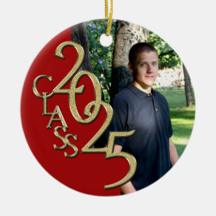 Classic Red Gold 2025 Graduate Photo Ceramic Ornament