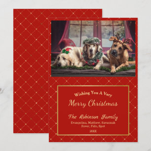 Classic Red Gold Glam Photo Christmas Flat Holiday Card