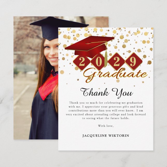 Classic Red Gold Graduation Photo Thank You Card (Front/Back)