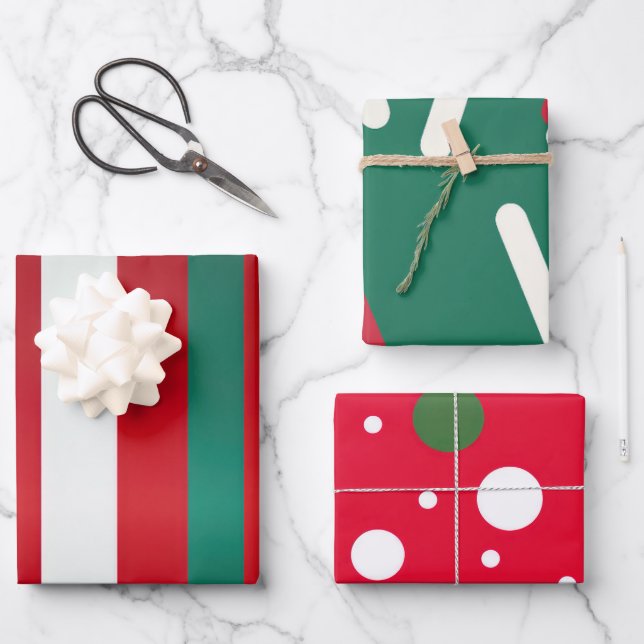 Classic Red Green and White Holiday Charm Wrapping Paper Sheet (Front)
