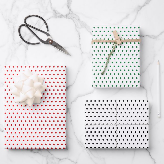 Classic Red Green Black Polka Dots On White Wrapping Paper Sheet (Front)