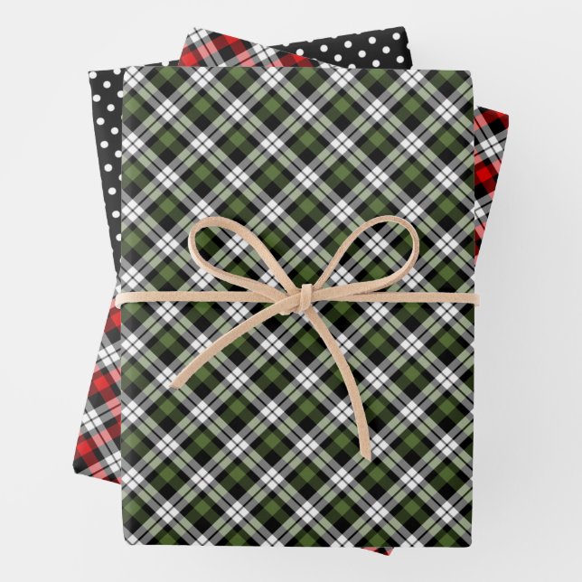 Classic Red Green Black White Tartan Check Pattern Wrapping Paper Sheet (In situ)