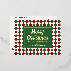 Classic Red Green Check Merry Christmas Gold Foil Holiday Postcard
