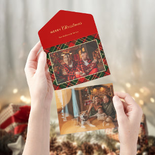 Classic Red, Green, Gold Christmas Plaid 1-Photo All In One Invitation