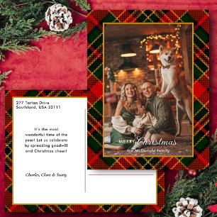 Classic Red, Green, Gold Christmas Plaid 1-Photo Holiday Postcard