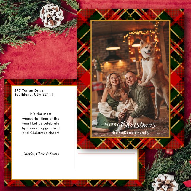 Classic Red, Green, Gold Christmas Plaid 1-Photo Holiday Postcard (Creator Uploaded)