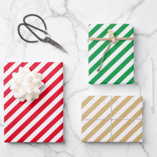 Classic Red Green Gold Christmas Stripe Pattern Wrapping Paper Sheet