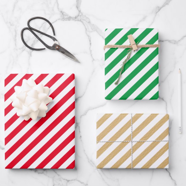Classic Red Green Gold Christmas Stripe Pattern Wrapping Paper Sheet (Front)