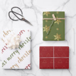 Classic Red Green Gold Merry Christmas  Wrapping Paper Sheet<br><div class="desc">A classic set of three coordinating wrapping paper sheets in a festive red, green and gold colour palette. One has Merry Christmas written in a modern handwritten font in shades of red, green and gold. The second features an abstract Christmas tree pattern and the third sheet has a snowflake pattern....</div>