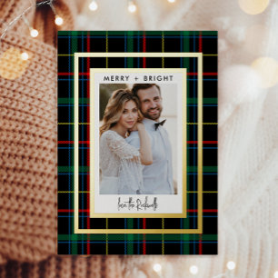Classic Red + Green Plaid 1 Photo Real Foil Holiday Postcard