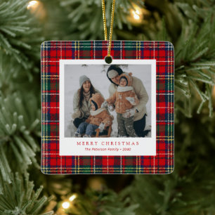 Classic Red Green Plaid Family Photo Holiday Ceramic Ornament
