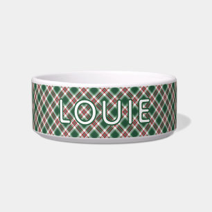 Classic Red Green Plaid Pattern Custom Name Dog Bowl