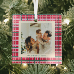 Classic Red Green Plaid Photo Keepsake Christmas Glass Ornament