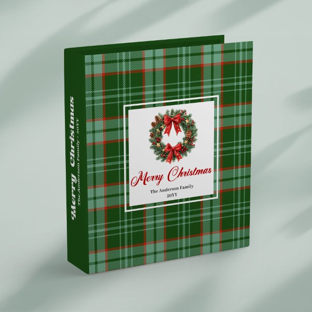 Classic red green plaid pine wreath holiday binder (Classic red green plaid pine wreath holiday binder)