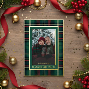 Classic Red Green Plaid Season's Greetings Photo Foil Holiday Card