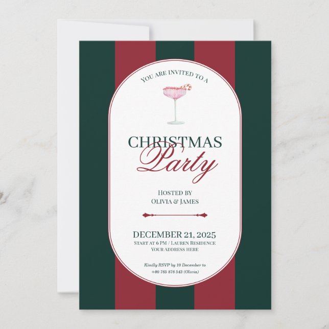 Classic red green stripe Christmas Invitation (Devant)