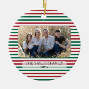 Classic Red Green Striped Photo Christmas Ceramic Ornament
