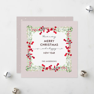 Classic Red Green Winter Botanical Soft Peach XMas Holiday Card