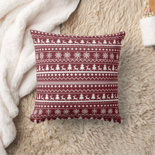 Classic Red Holiday Christmas Sweater Pattern Throw Pillow