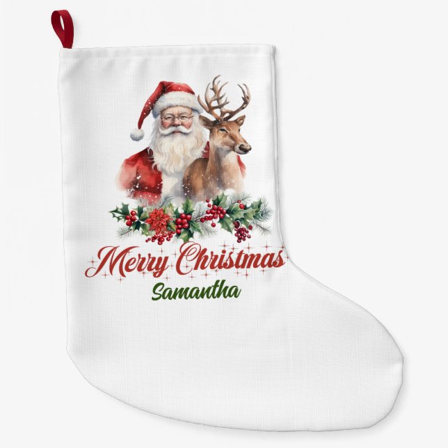 Classic red holly berries | Santa with reindeer Large Christmas Stocking (Front)