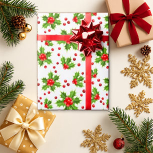 Classic Red Holly Christmas Floral Wrapping Paper