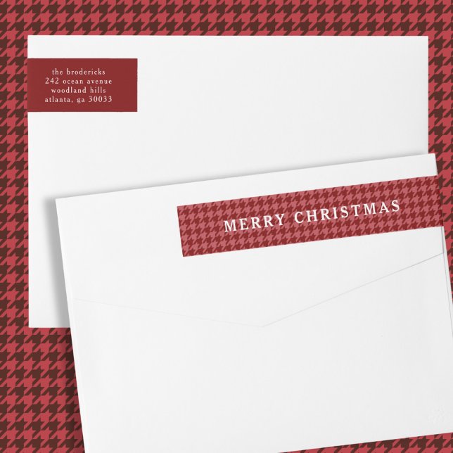 Classic Red Houndstooth Merry Christmas  Wrap Around Label (classic, preppy, Christmas address label with red houndstooth pattern)