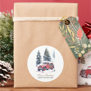 Classic Red Jeep snow Christmas Tree Personalized  Round Sticker